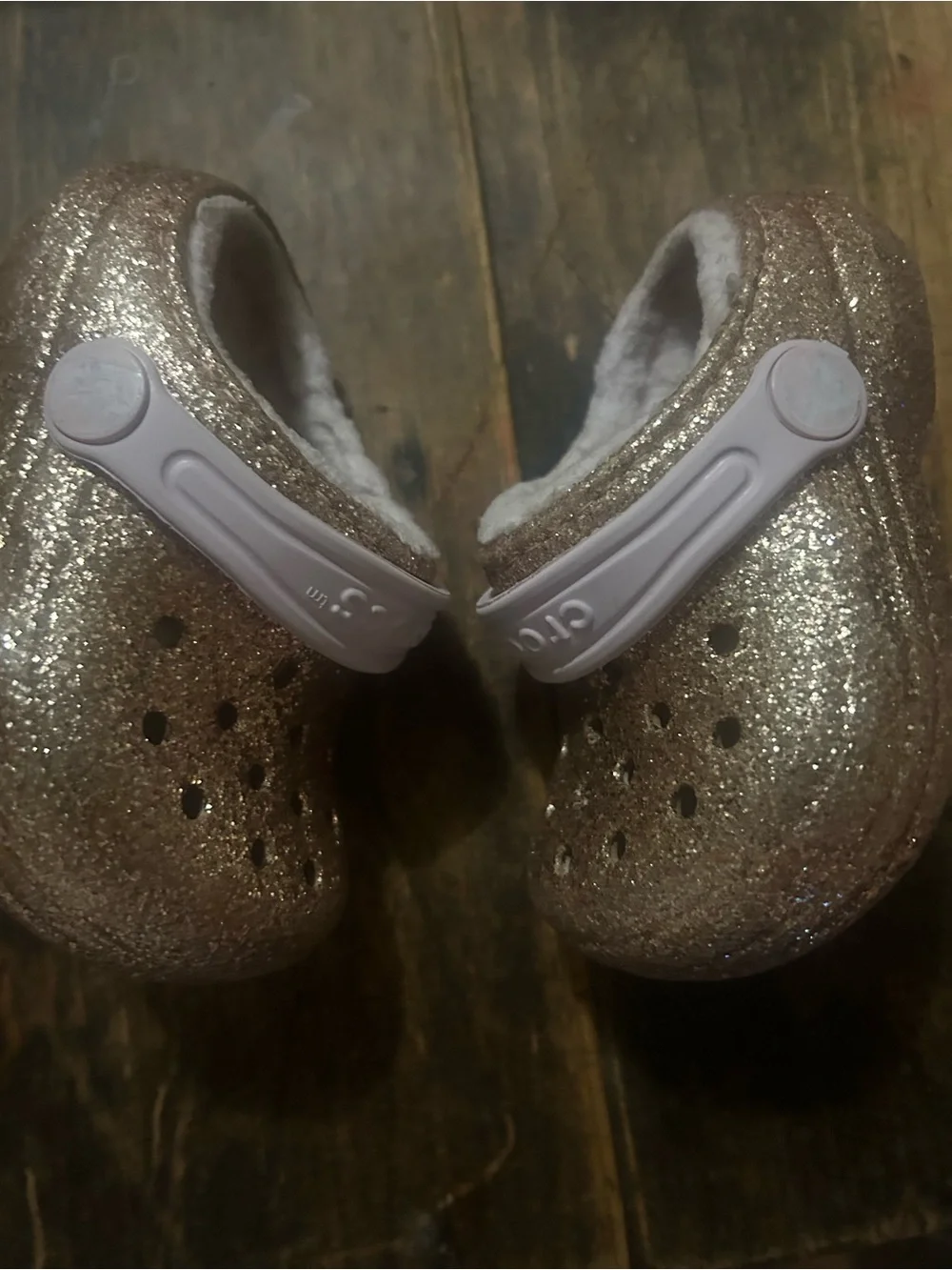 Crocs Shoes Kids Size C 6 Gold Glitter Classic Pink Faux Fur Lined Clog Slip On
